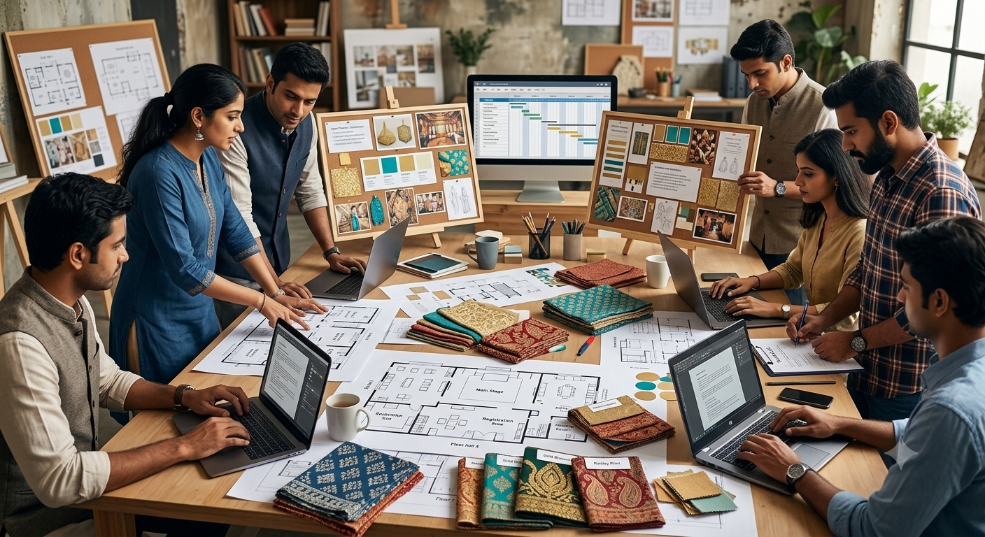 Planning table: floor plans, mood board, fabric and print samples, laptops