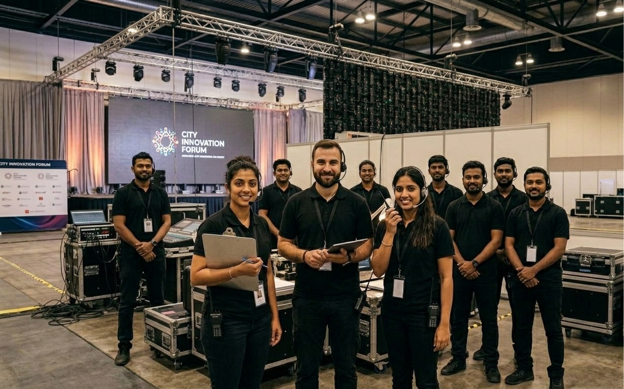 The team together on site, in your crew wear, with the venue behind them