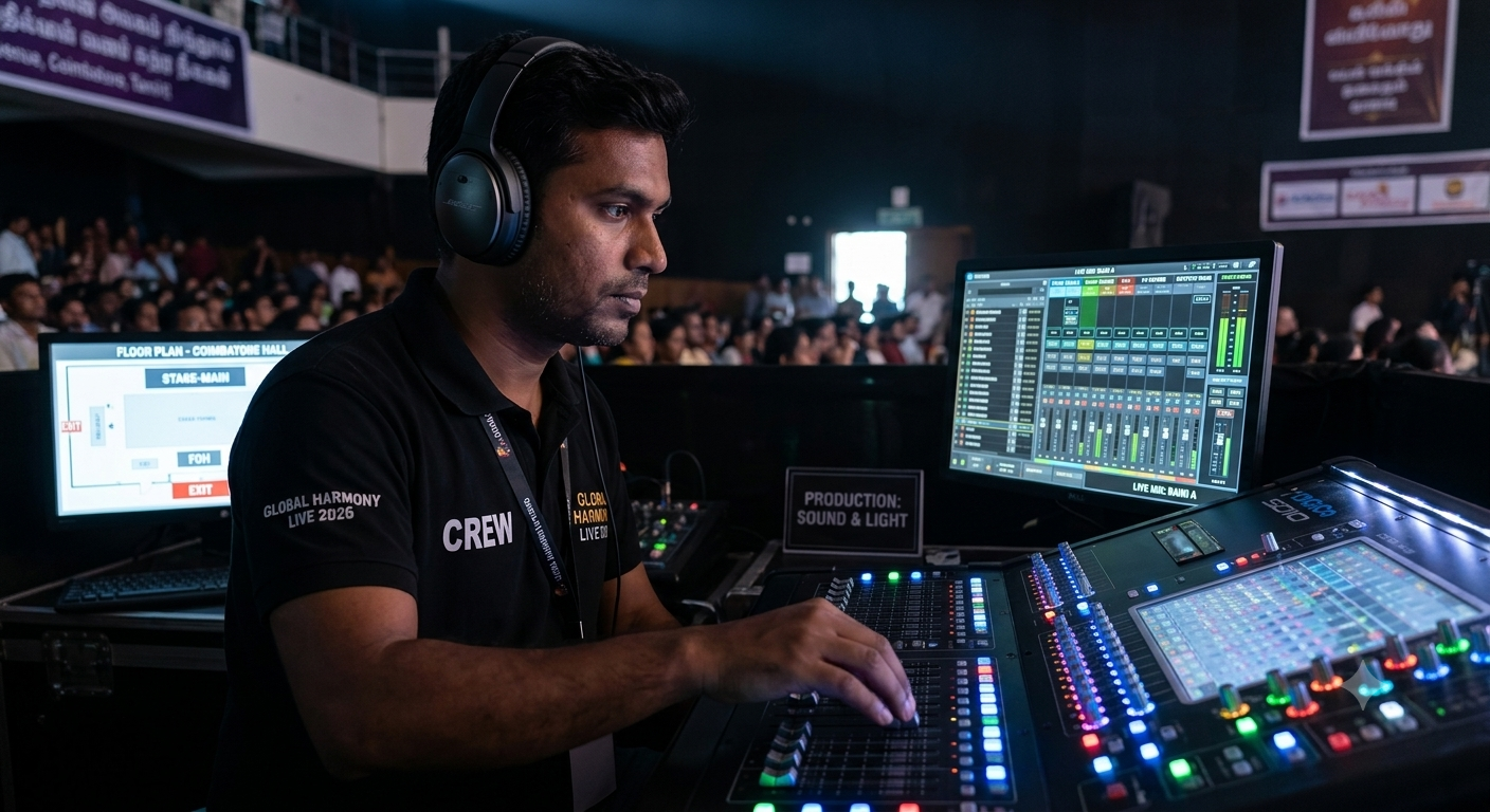 Close shot of a crew member on headset at the production desk during a live show